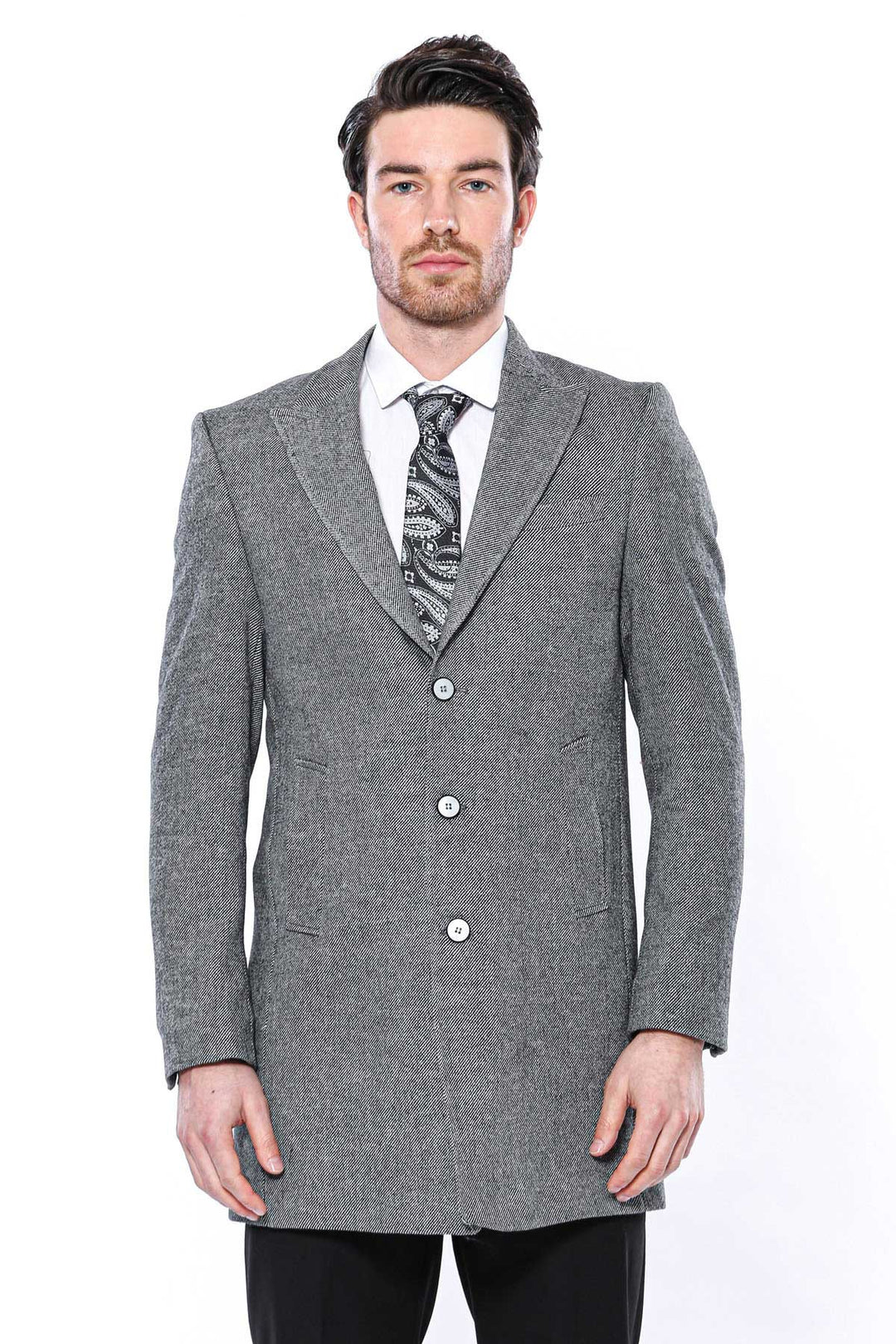 WSS Cachet Peak Lapel Grey Men Long Coat  - Lecco