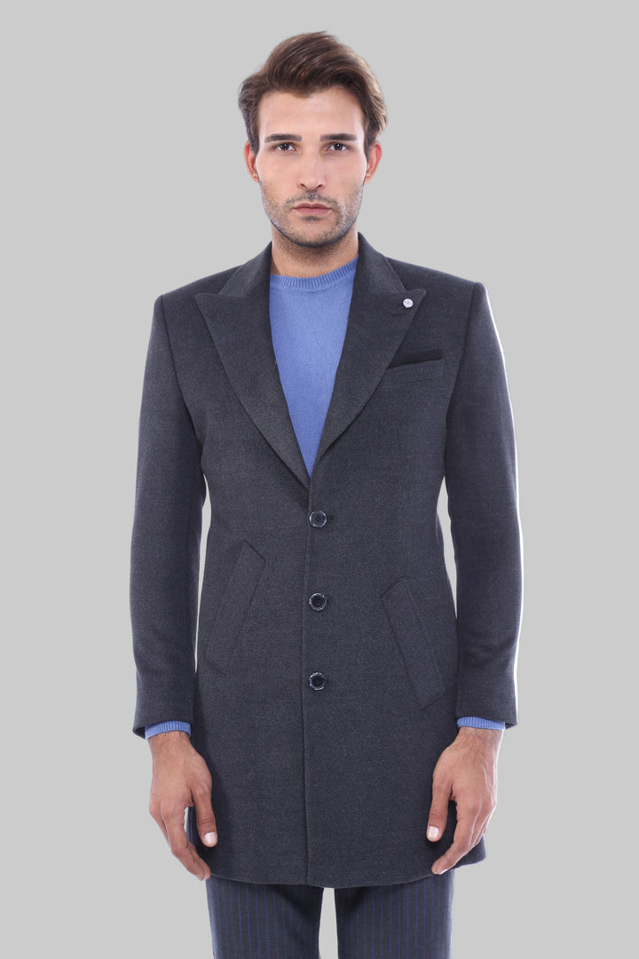 WSS Wide Pointed Collar Smoked Over Knee Men Coat  - Plainfield