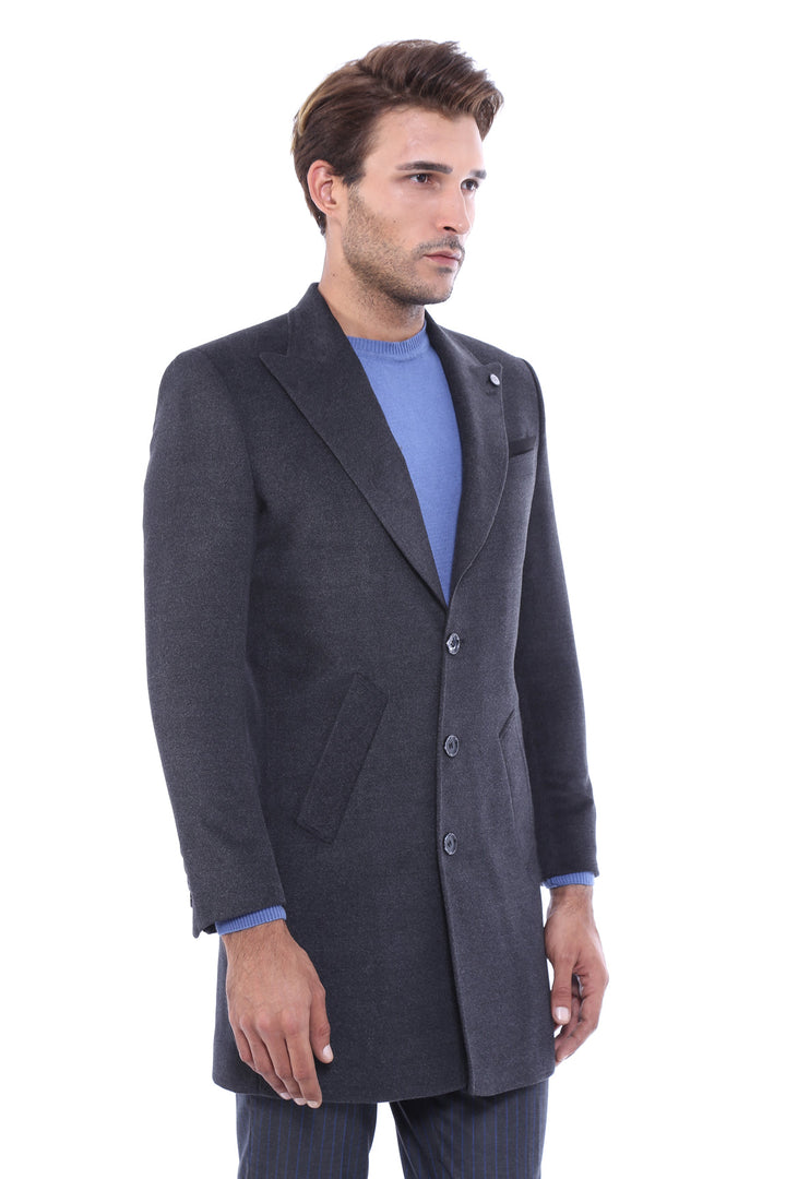 WSS Wide Pointed Collar Smoked Over Knee Men Coat  - Plainfield