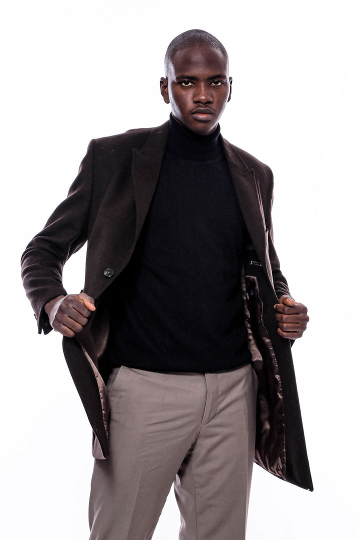 WSS Wide Pointed Collar Over Knee Brown Men Coat  - Rocky Mount