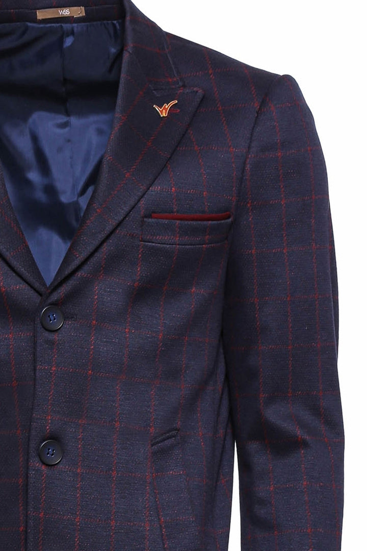 WSS Checked Navy Blue Men Cachet Coat  - Singen