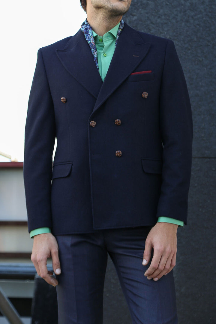 WSS Mens Double Breasted Slim Fit Navy Blue Blazer  - Zamora