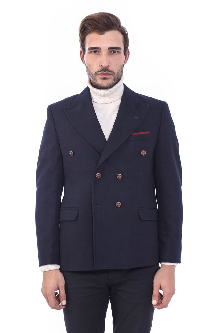 WSS Mens Double Breasted Slim Fit Navy Blue Blazer  - Zamora