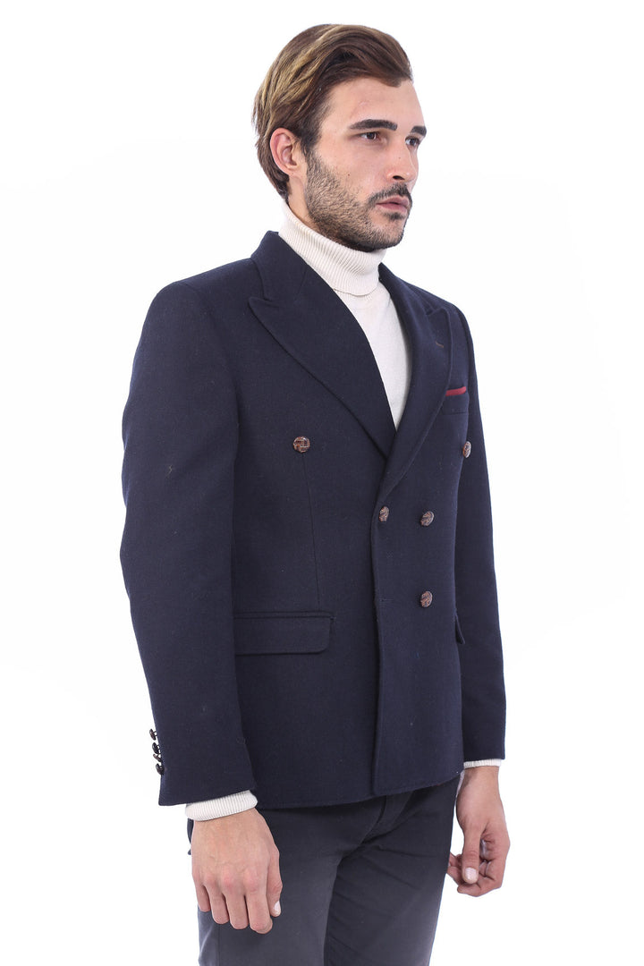 WSS Mens Double Breasted Slim Fit Navy Blue Blazer  - Zamora