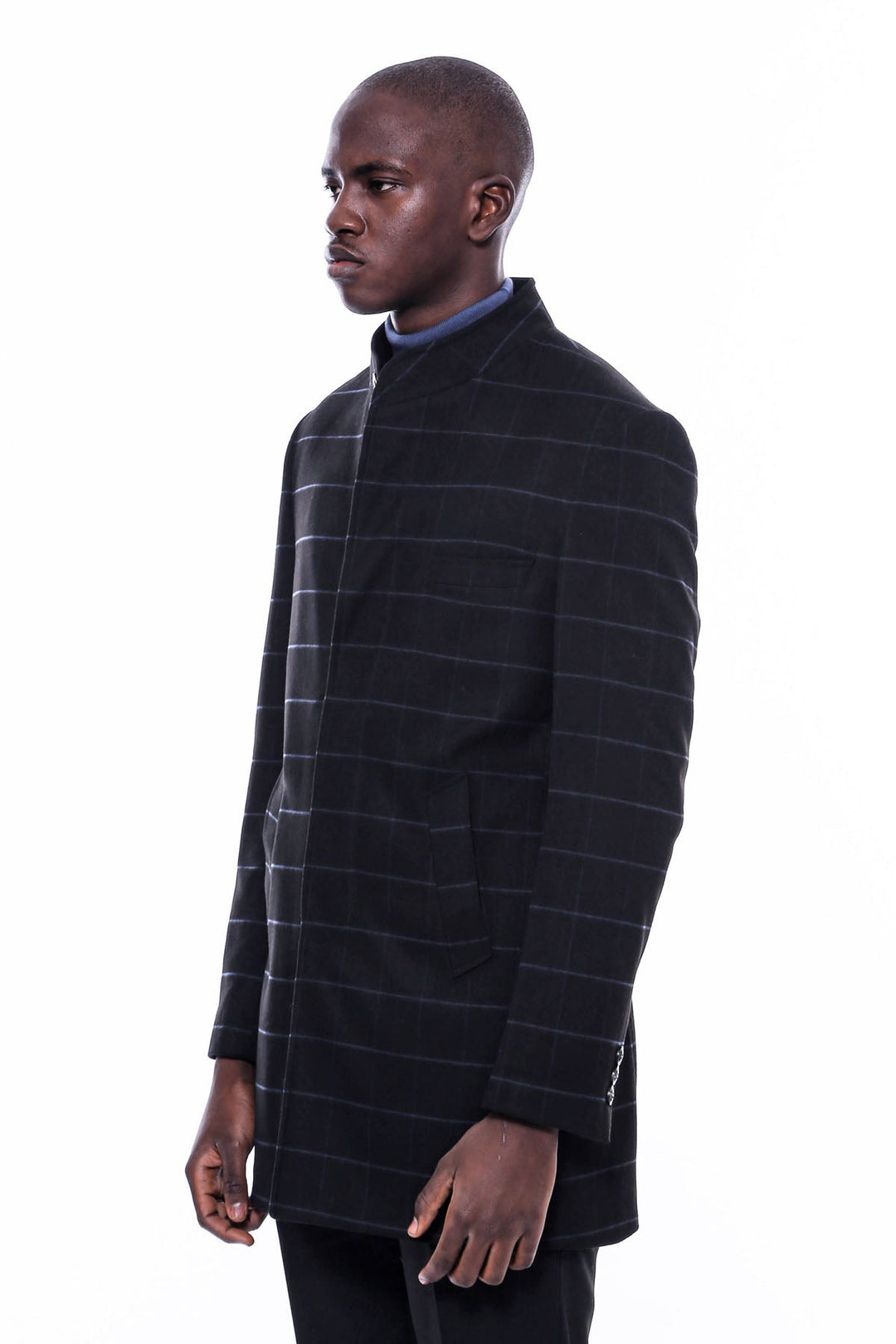 WSS Mandarin Collar Black Checked Coat  - Fermo