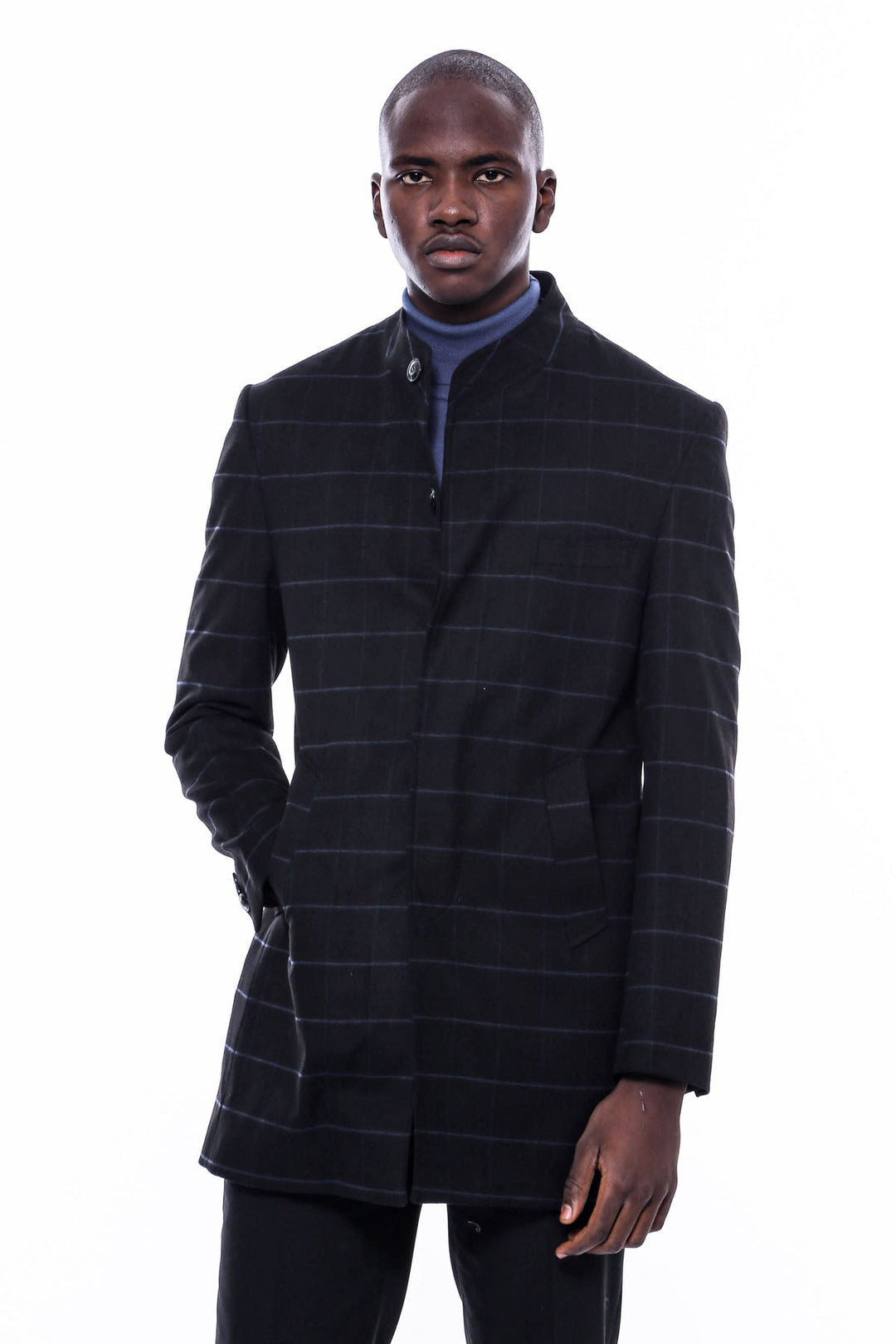 WSS Mandarin Collar Black Checked Coat  - Fermo