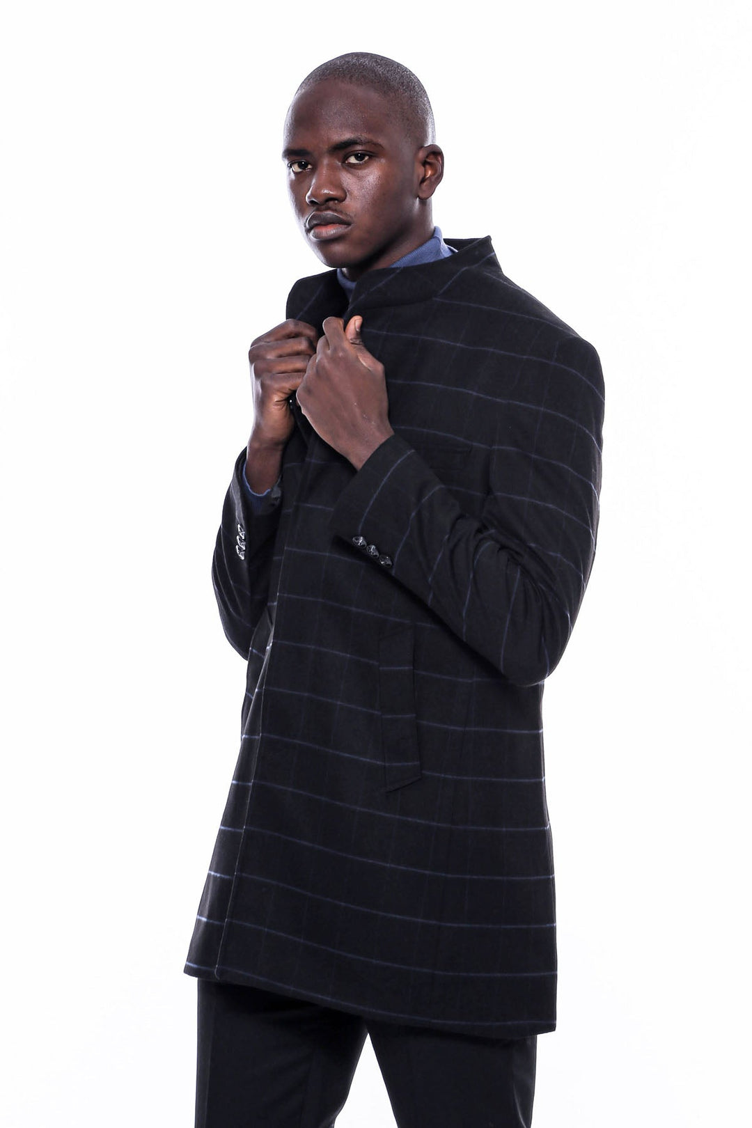 WSS Mandarin Collar Black Checked Coat  - Fermo