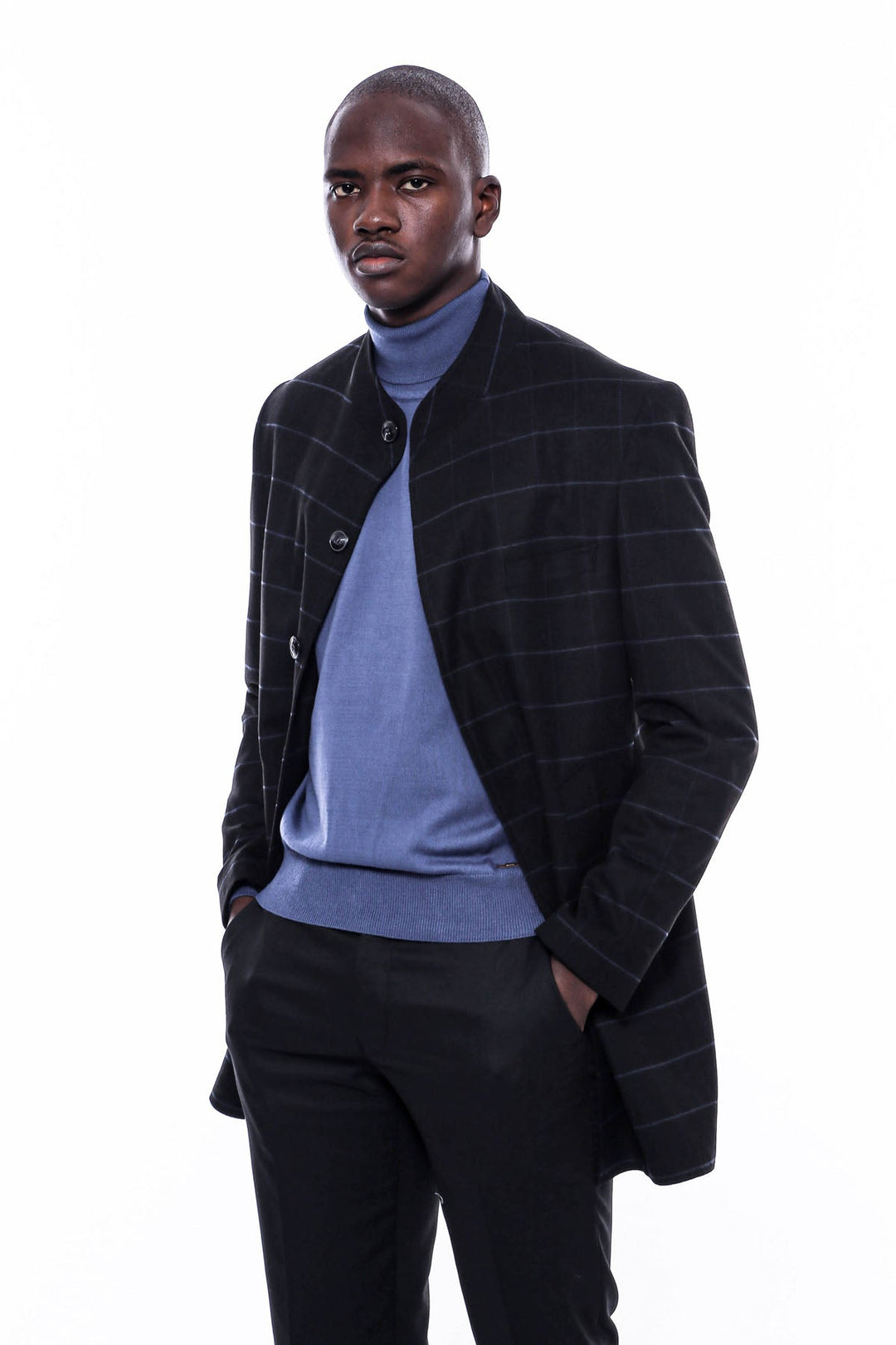 WSS Mandarin Collar Black Checked Coat  - Fermo