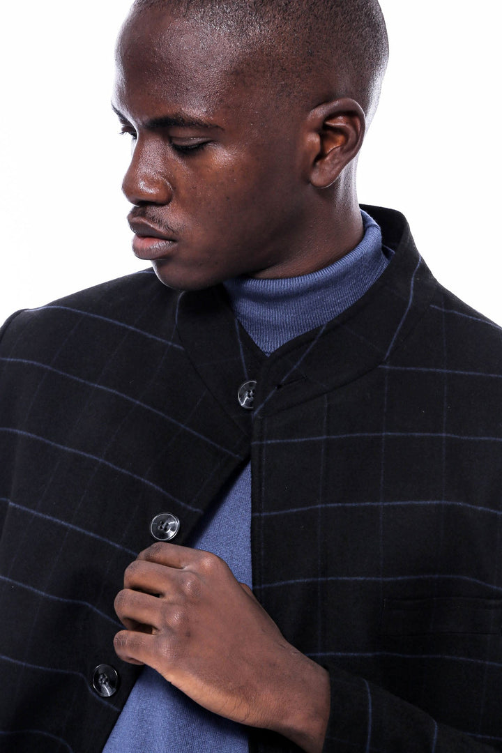 WSS Mandarin Collar Black Checked Coat  - Fermo