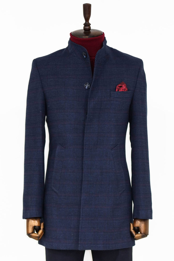 WSS Standing Collar Checked Navy Blue Men Coat  - Singen