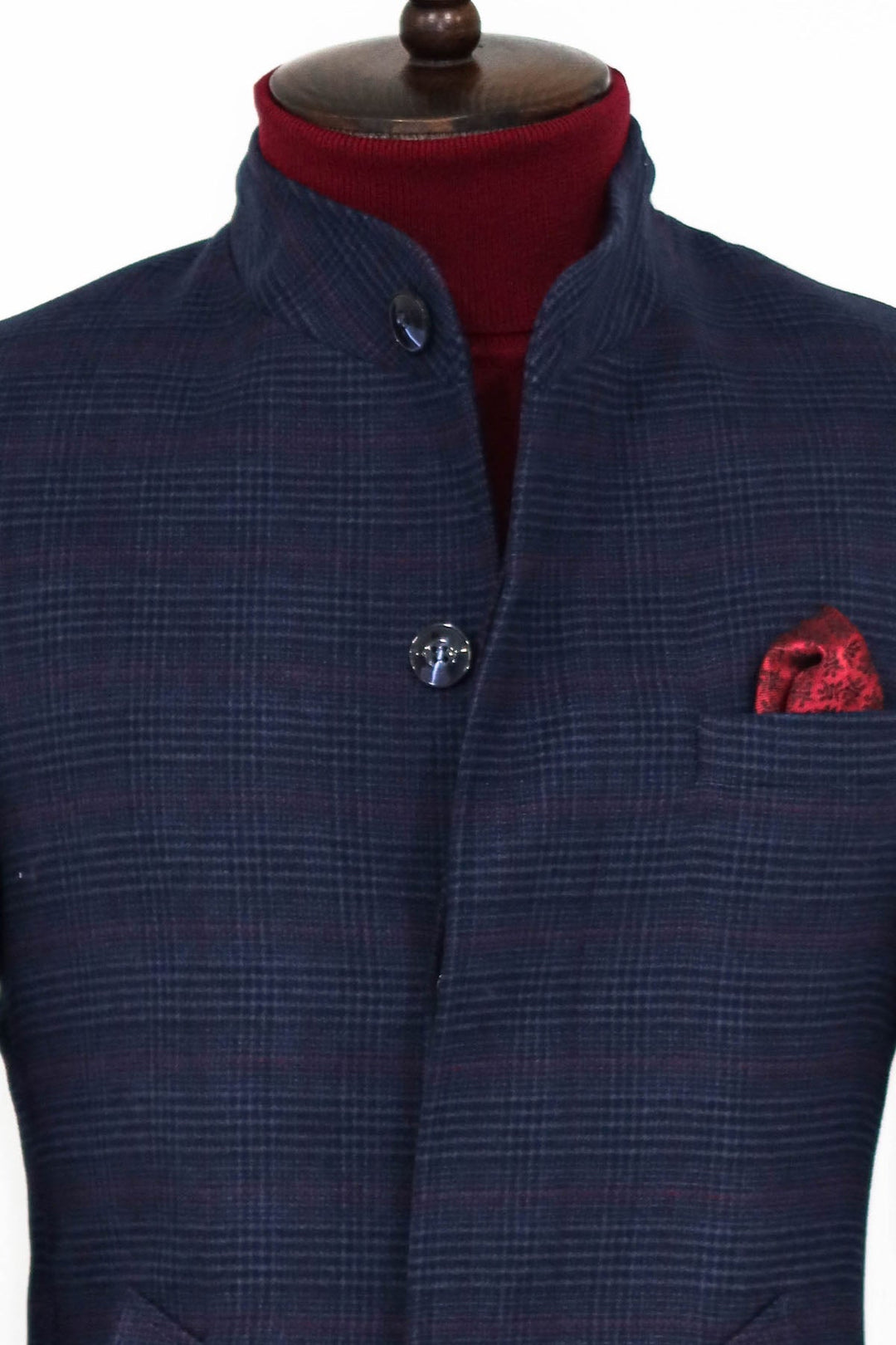 WSS Standing Collar Checked Navy Blue Men Coat  - Singen