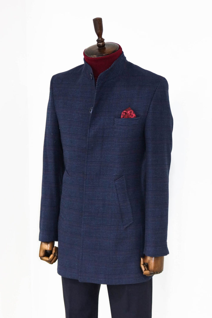 WSS Standing Collar Checked Navy Blue Men Coat  - Singen