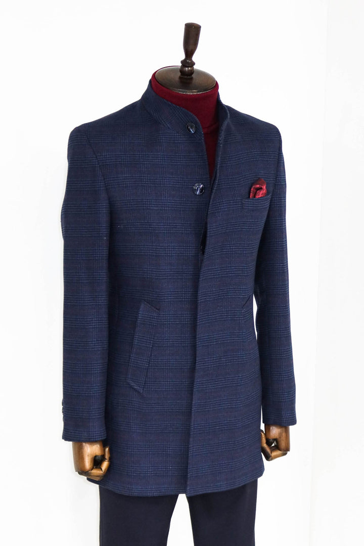 WSS Standing Collar Checked Navy Blue Men Coat  - Singen