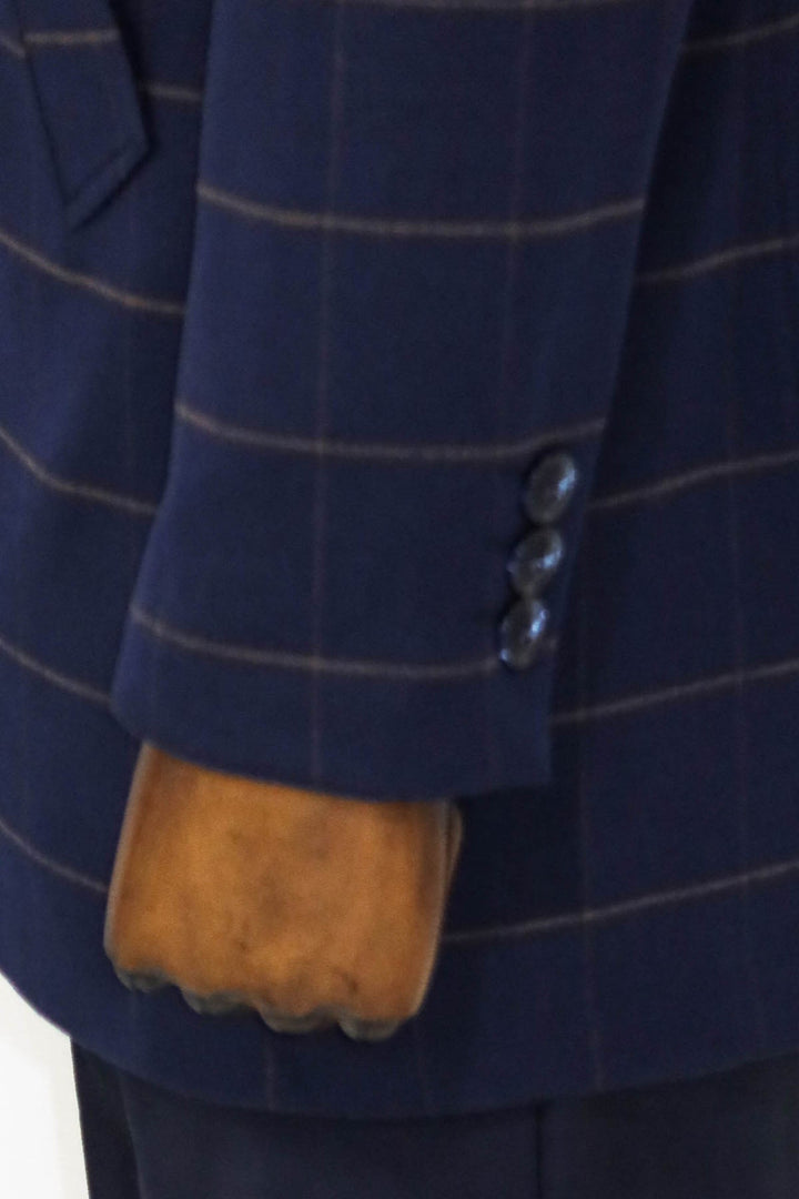 WSS Plaid Standing Collar Navy Blue Men Coat  - Singen