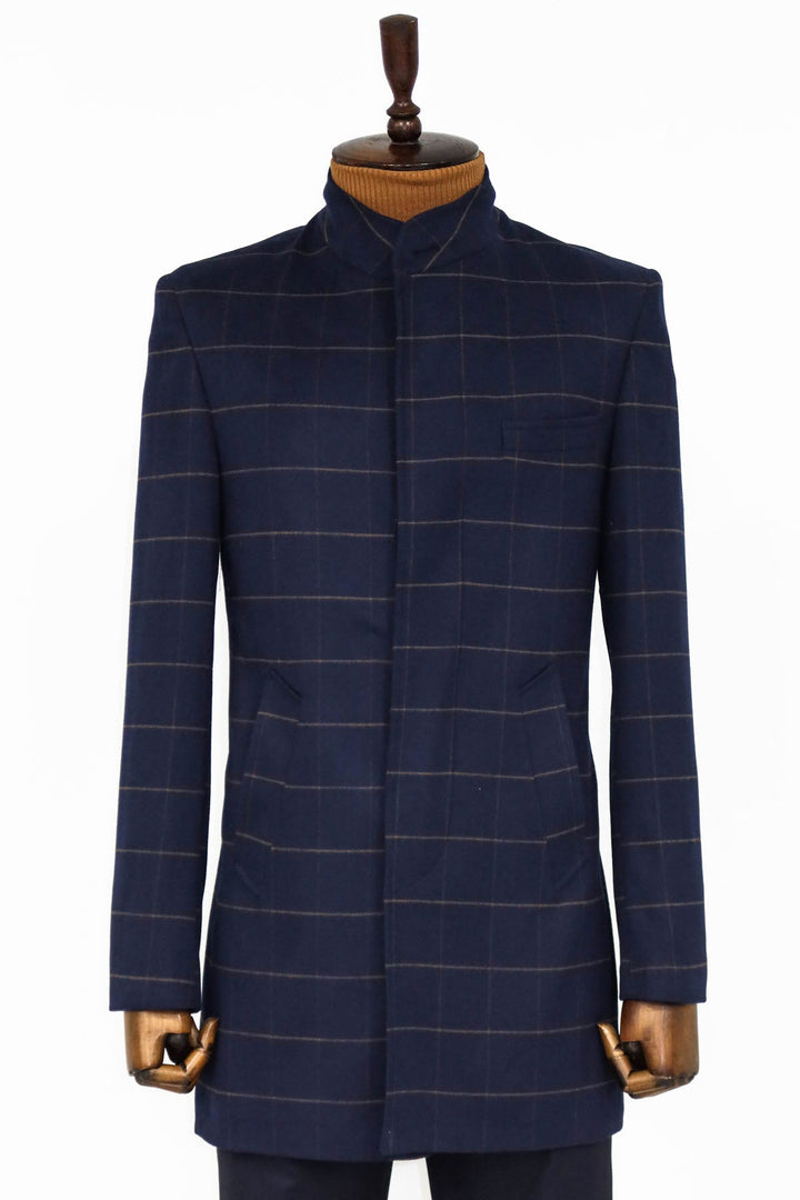 WSS Plaid Standing Collar Navy Blue Men Coat  - Singen