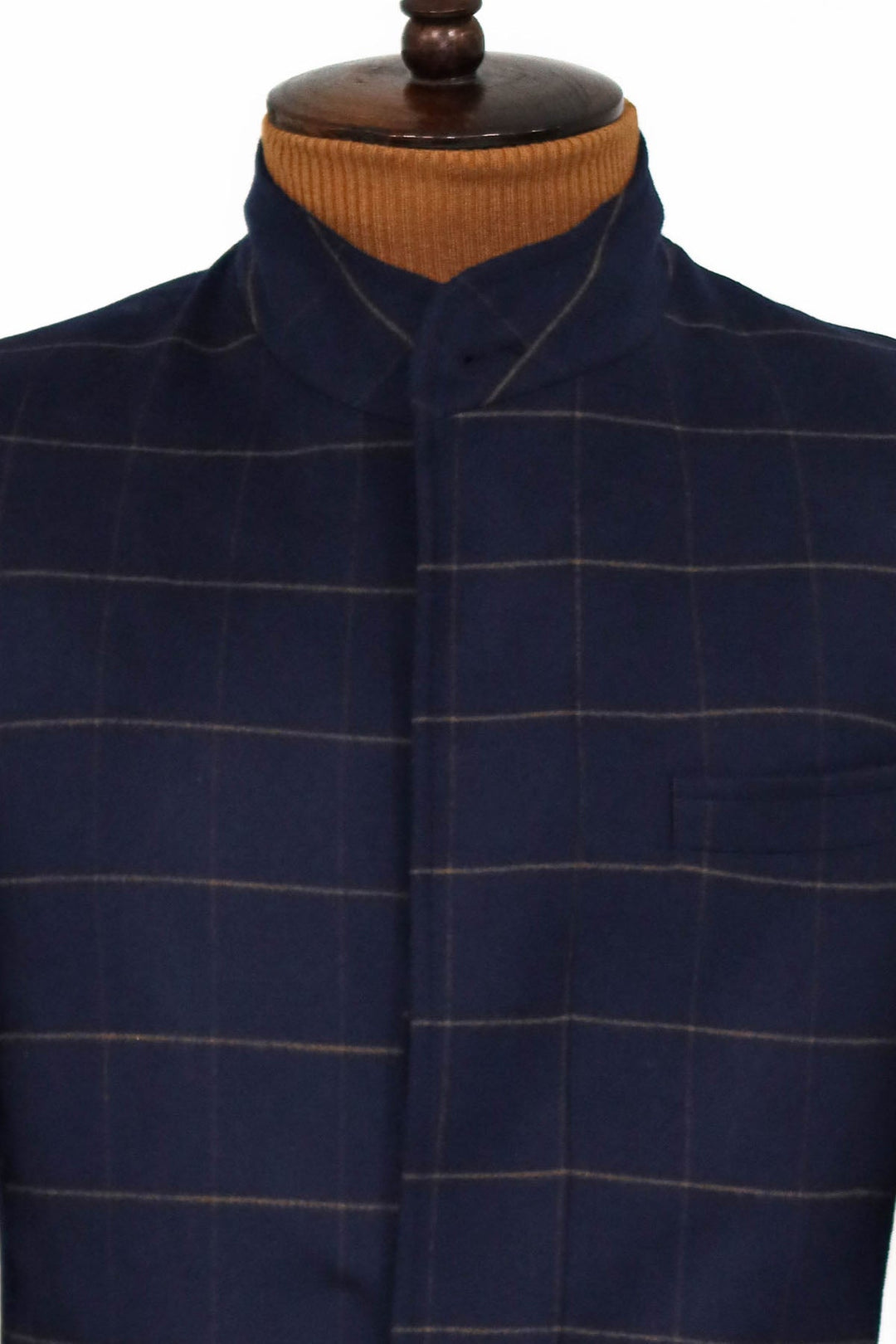 WSS Plaid Standing Collar Navy Blue Men Coat  - Singen