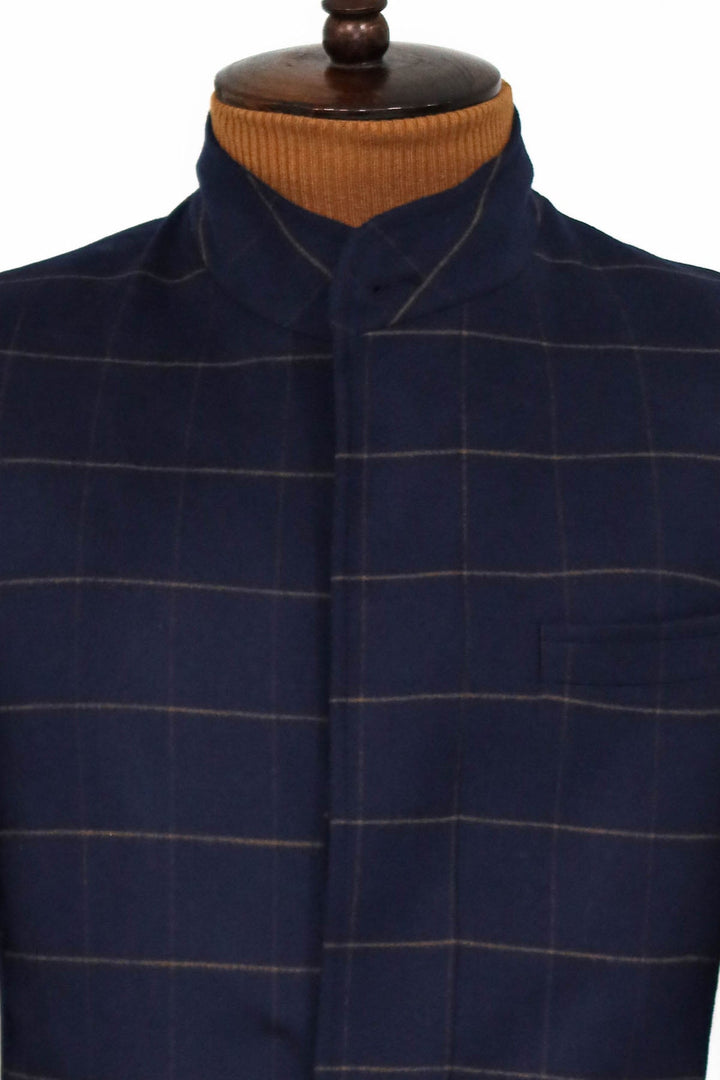 WSS Plaid Standing Collar Navy Blue Men Coat  - Singen
