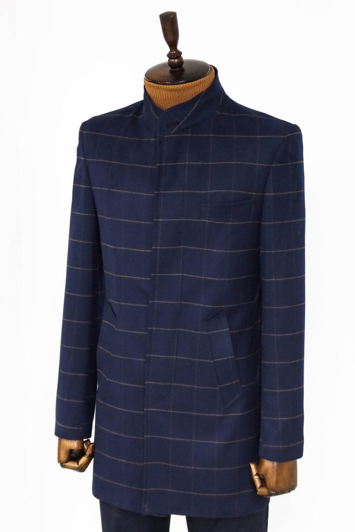 WSS Plaid Standing Collar Navy Blue Men Coat  - Singen