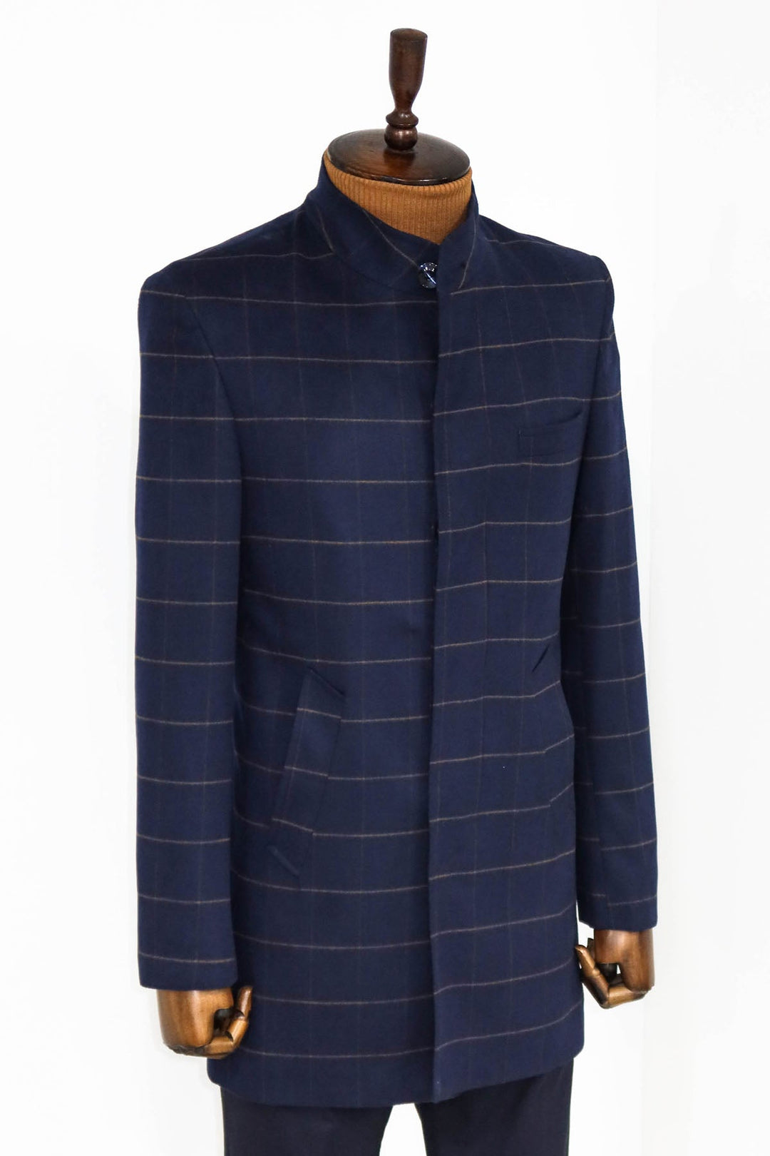 WSS Plaid Standing Collar Navy Blue Men Coat  - Singen