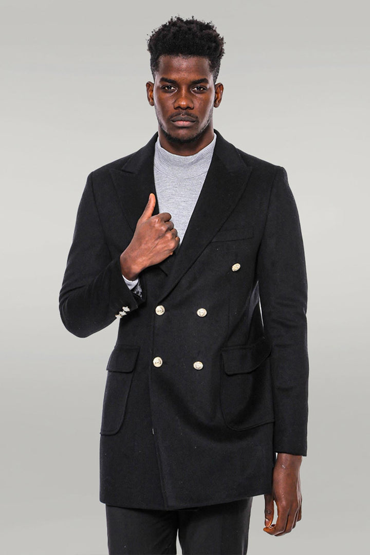 WSS Metal Buttoned Double Breasted Black Men Long Coat  - Plainfield