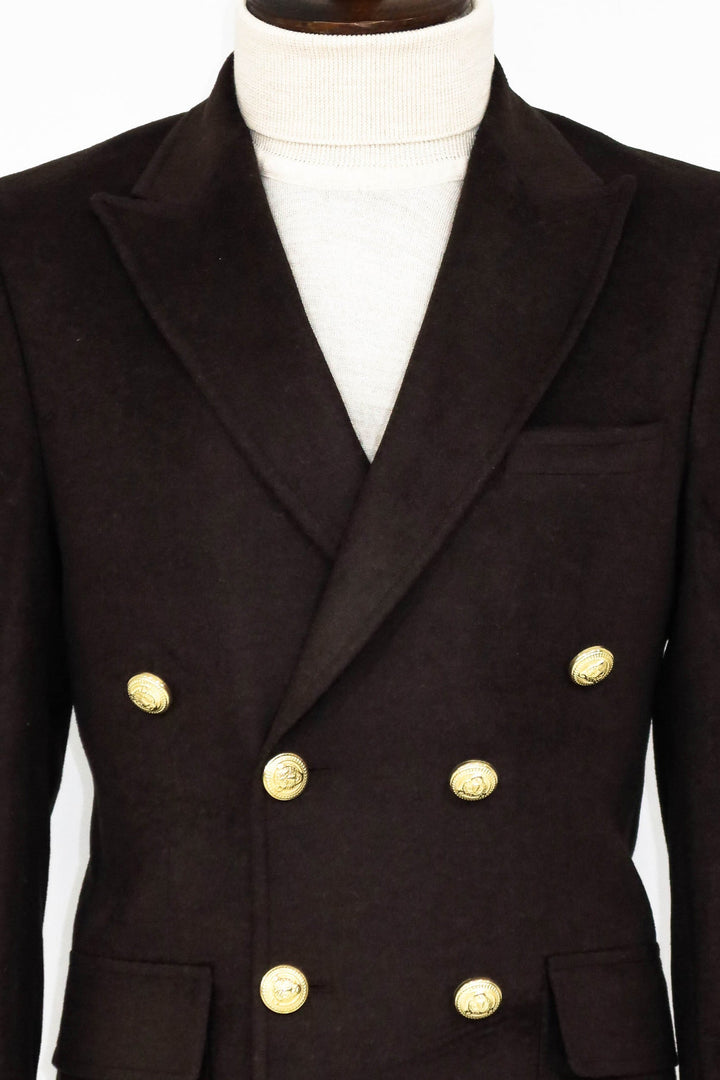 WSS Brown Metal Buttoned Double Breasted Long Coat  - Singen