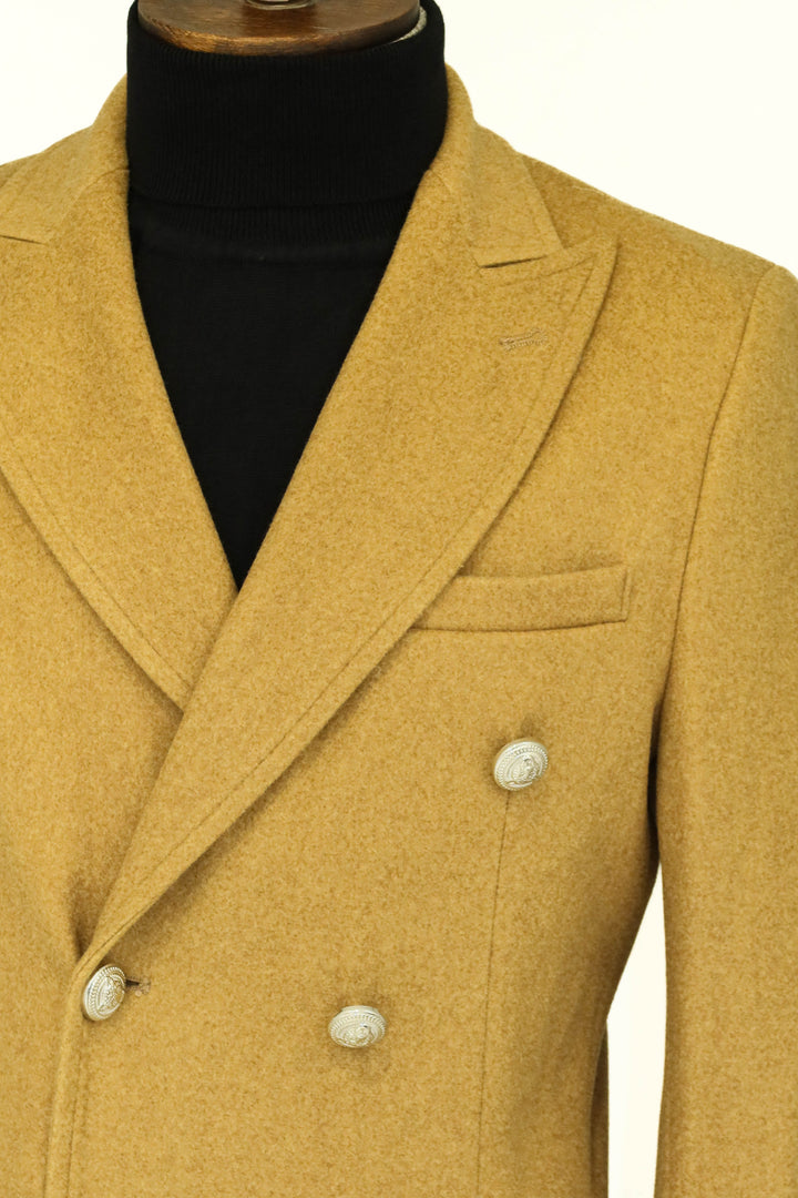 WSS Metal Buttons Wool Cashmere Tan Men Double Breasted Coat  - Singen