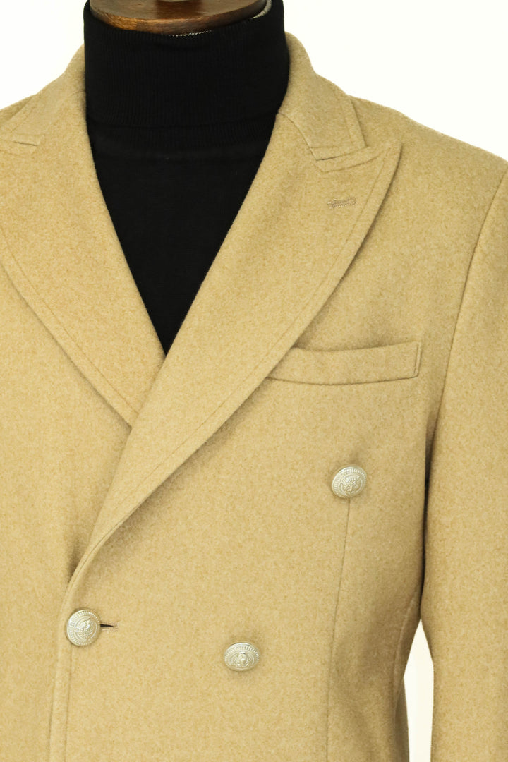 WSS Metal Buttons Wool Cashmere Beige Men Double Breasted Coat  - Singen