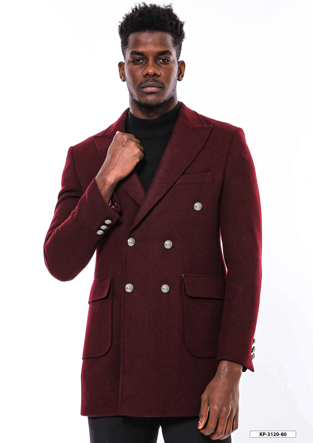 WSS Metal Buttoned Double Breasted Burgundy Men Long Coat  - Münster
