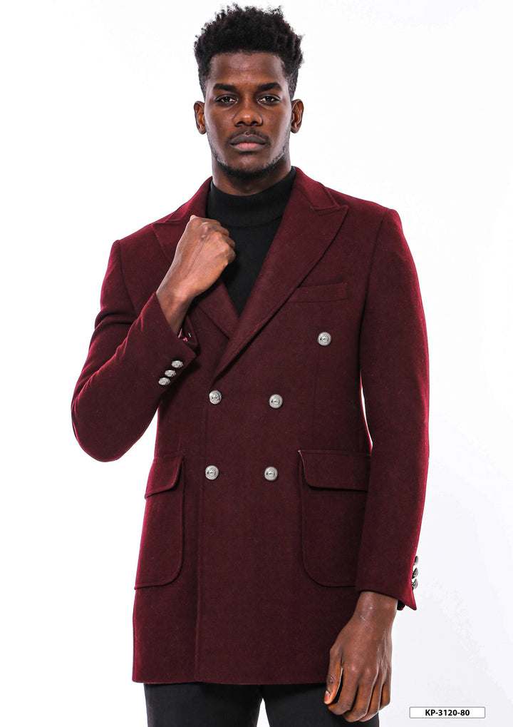 WSS Metal Buttoned Double Breasted Burgundy Men Long Coat  - Münster