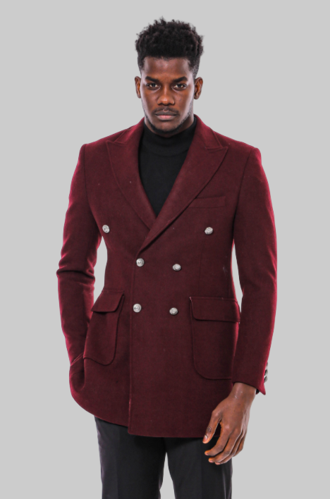 WSS Metal Buttoned Double Breasted Burgundy Men Long Coat  - Münster