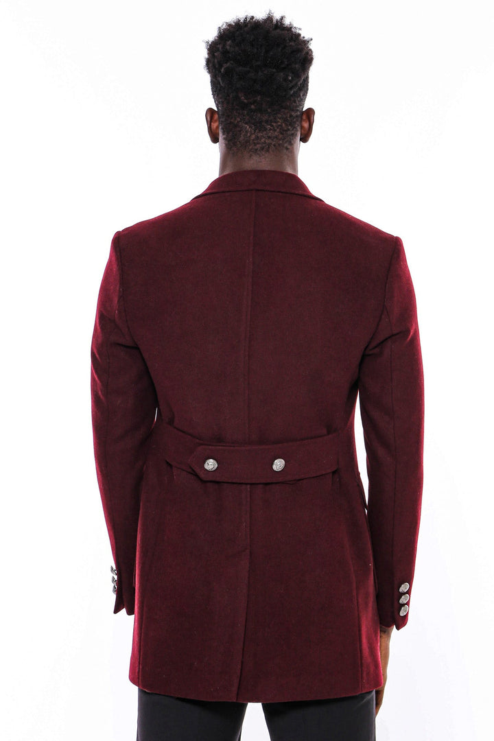 WSS Metal Buttoned Double Breasted Burgundy Men Long Coat  - Münster