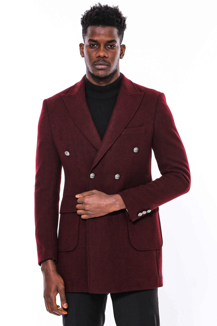 WSS Metal Buttoned Double Breasted Burgundy Men Long Coat  - Münster