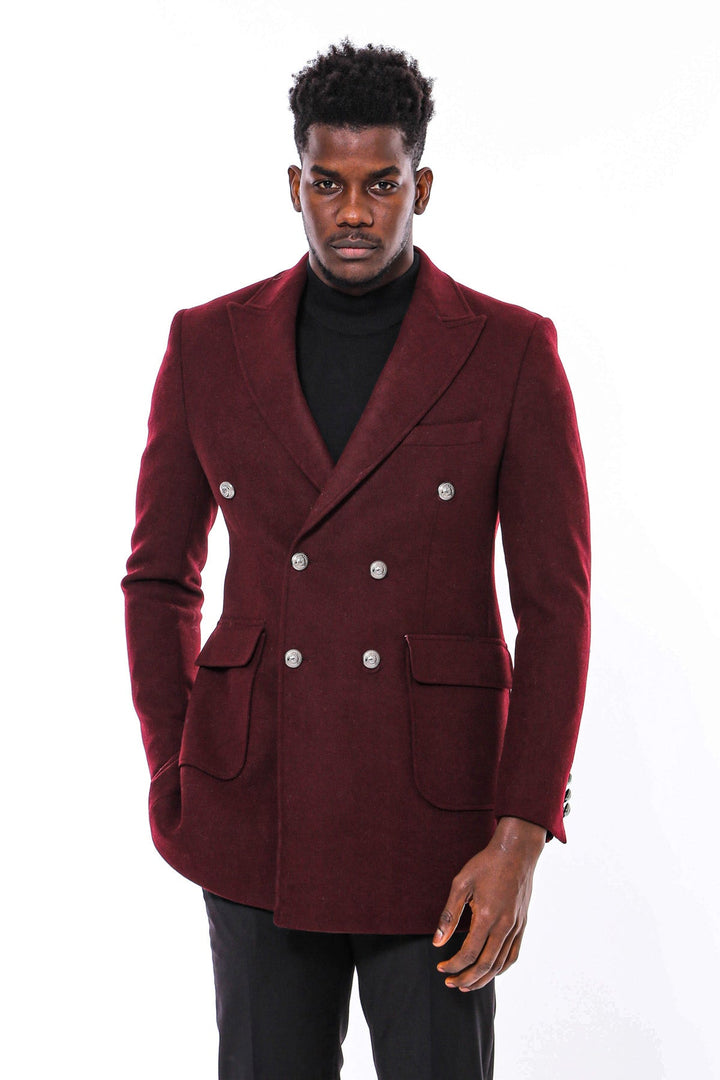 WSS Metal Buttoned Double Breasted Burgundy Men Long Coat  - Münster