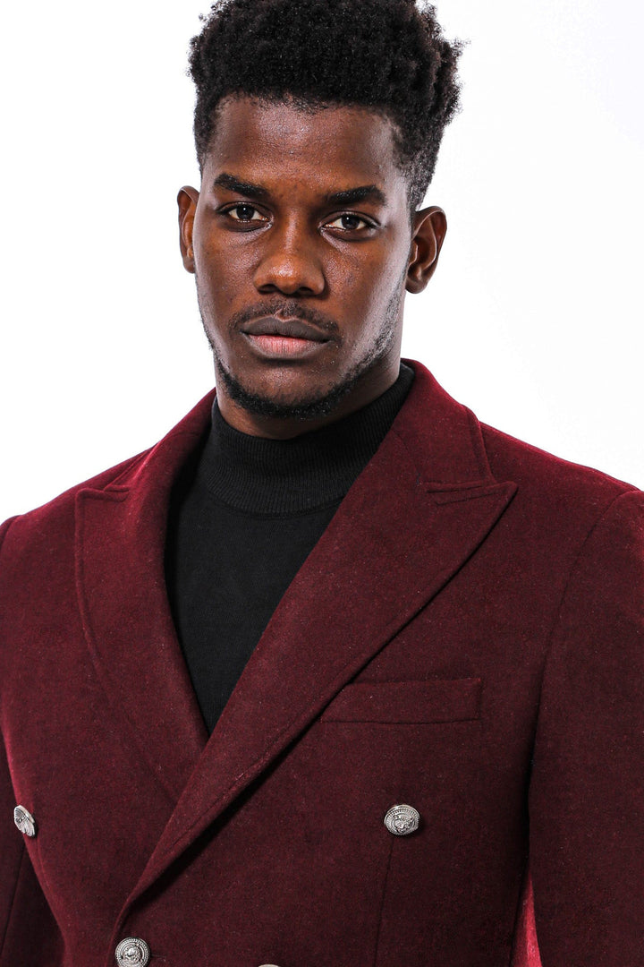 WSS Metal Buttoned Double Breasted Burgundy Men Long Coat  - Münster