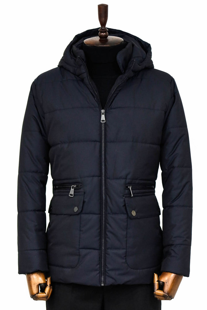 WSS 4 Pockets Hooded Zippered Quilted Navy Blue Men Down Coat - Newcastle
