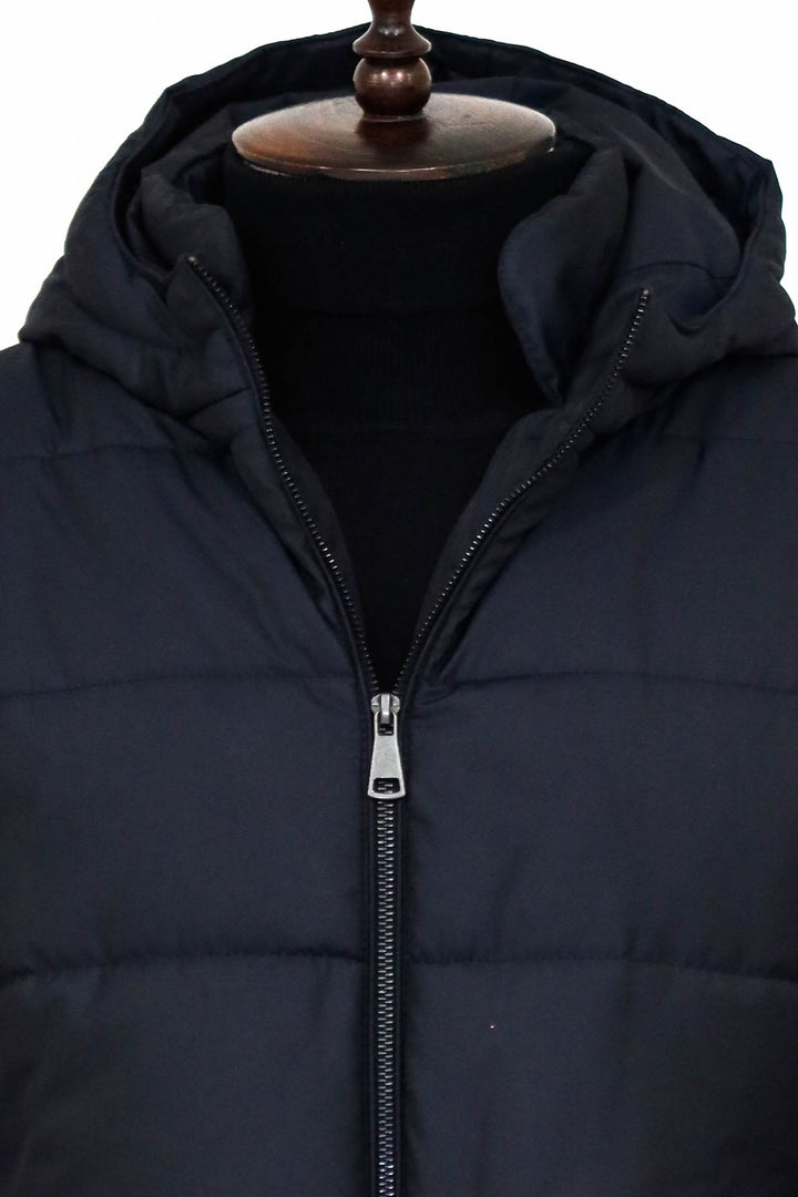 WSS 4 Pockets Hooded Zippered Quilted Navy Blue Men Down Coat - Newcastle