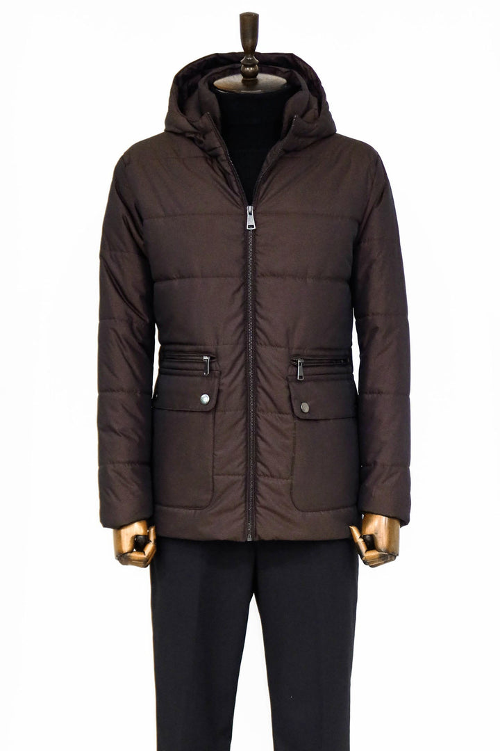 WSS 4 Pockets Hooded Zippered Quilted Brown Men Down Coat - Saint-Herblain