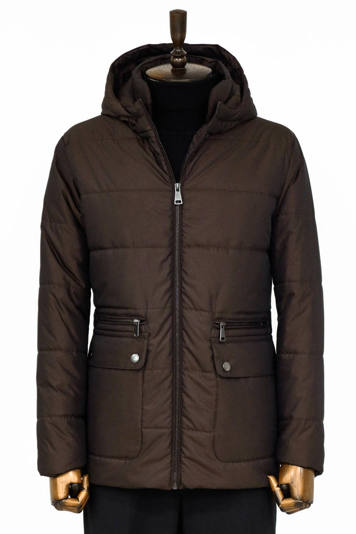 WSS 4 Pockets Hooded Zippered Quilted Brown Men Down Coat - Saint-Herblain