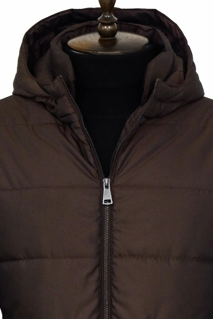 WSS 4 Pockets Hooded Zippered Quilted Brown Men Down Coat - Saint-Herblain