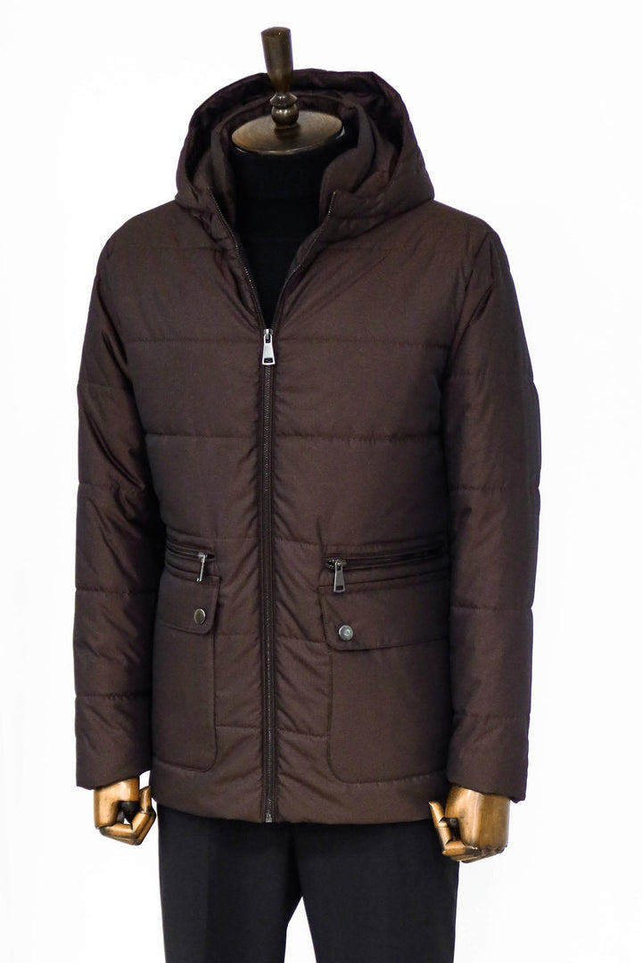 WSS 4 Pockets Hooded Zippered Quilted Brown Men Down Coat - Saint-Herblain