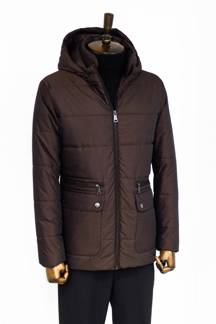 WSS 4 Pockets Hooded Zippered Quilted Brown Men Down Coat - Saint-Herblain