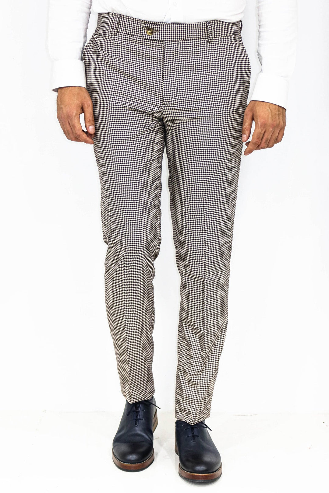 WSS بنطال رجالي بني فاتح منقوش بنقشة Houndstooth - سينجين
