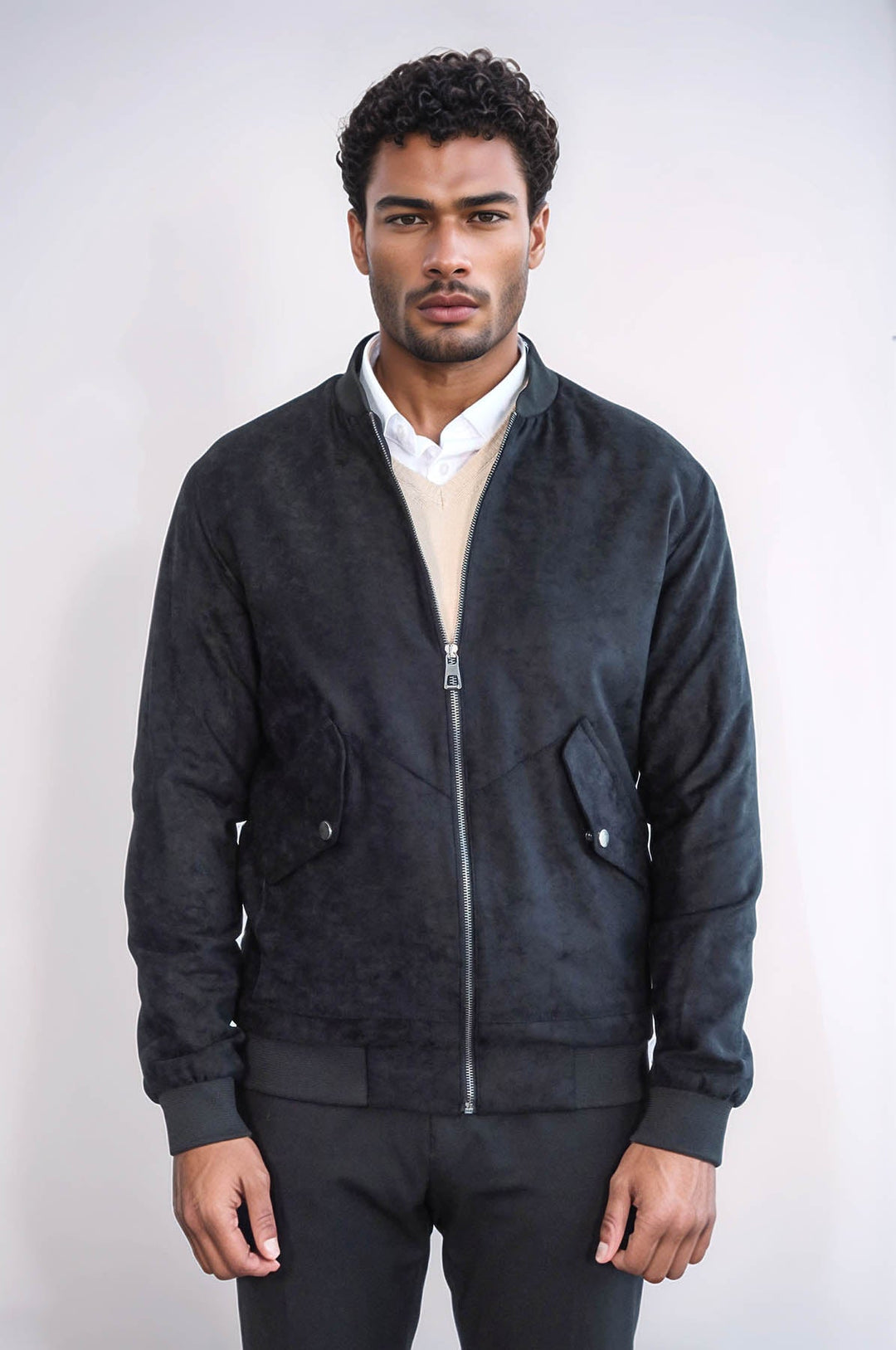 WSS Flap Pockets Suede Black Men Bomber Coat  - Spalding