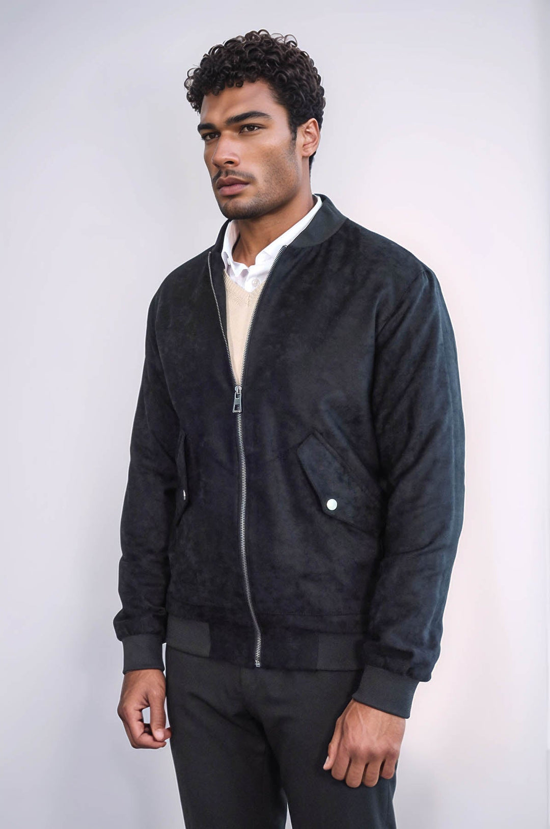 WSS Flap Pockets Suede Black Men Bomber Coat  - Spalding