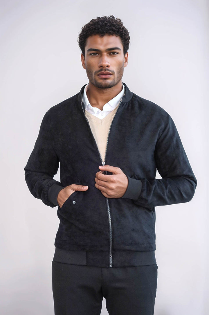WSS Flap Pockets Suede Black Men Bomber Coat  - Spalding