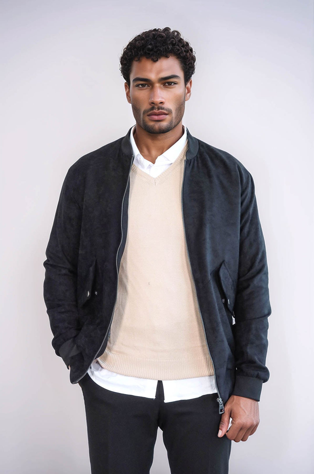 WSS Flap Pockets Suede Black Men Bomber Coat  - Spalding