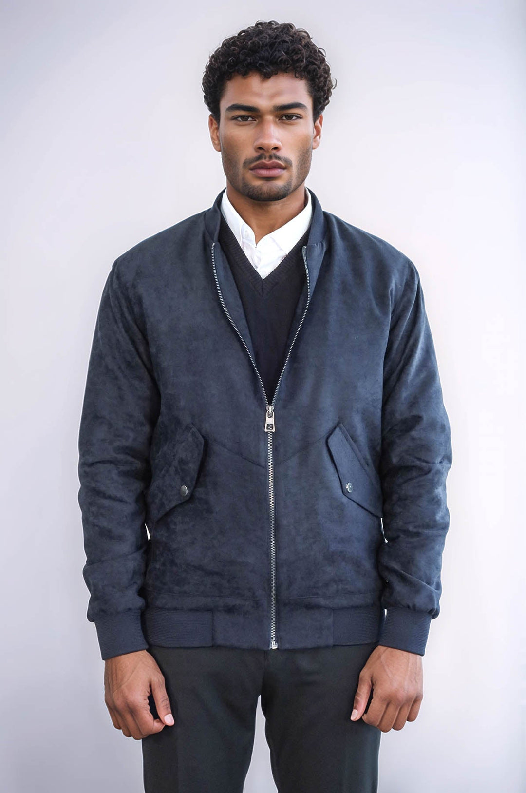 WSS Flap Pockets Suede Dark Blue Men Bomber Coat  - The Acreage