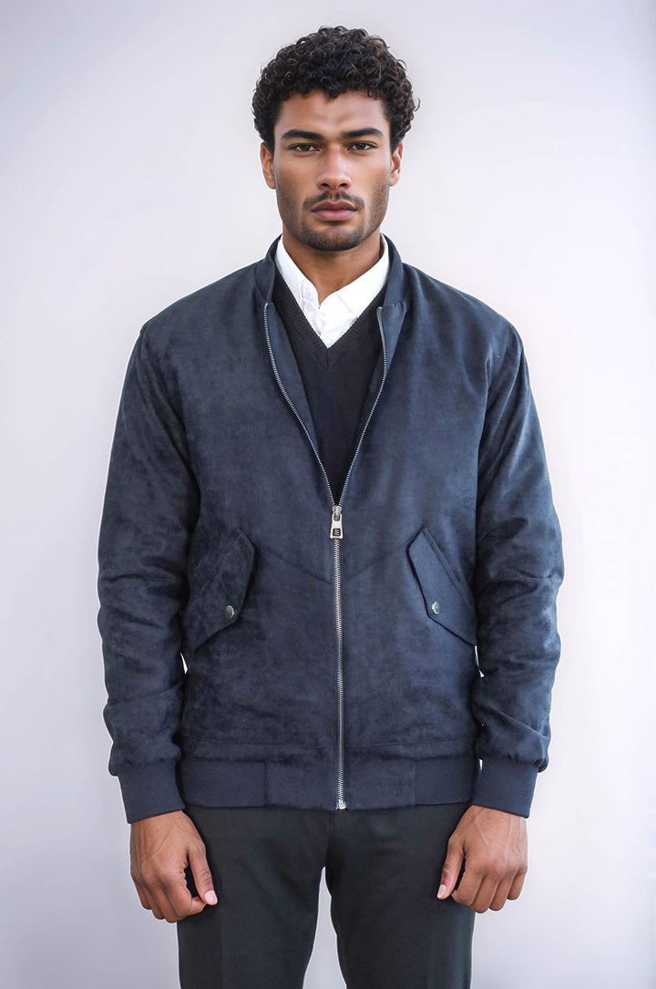 WSS Flap Pockets Suede Dark Blue Men Bomber Coat  - Guadalajara