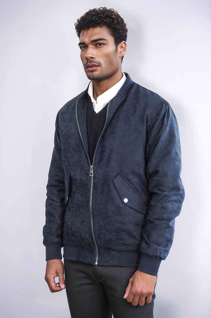 WSS Flap Pockets Suede Dark Blue Men Bomber Coat  - The Acreage