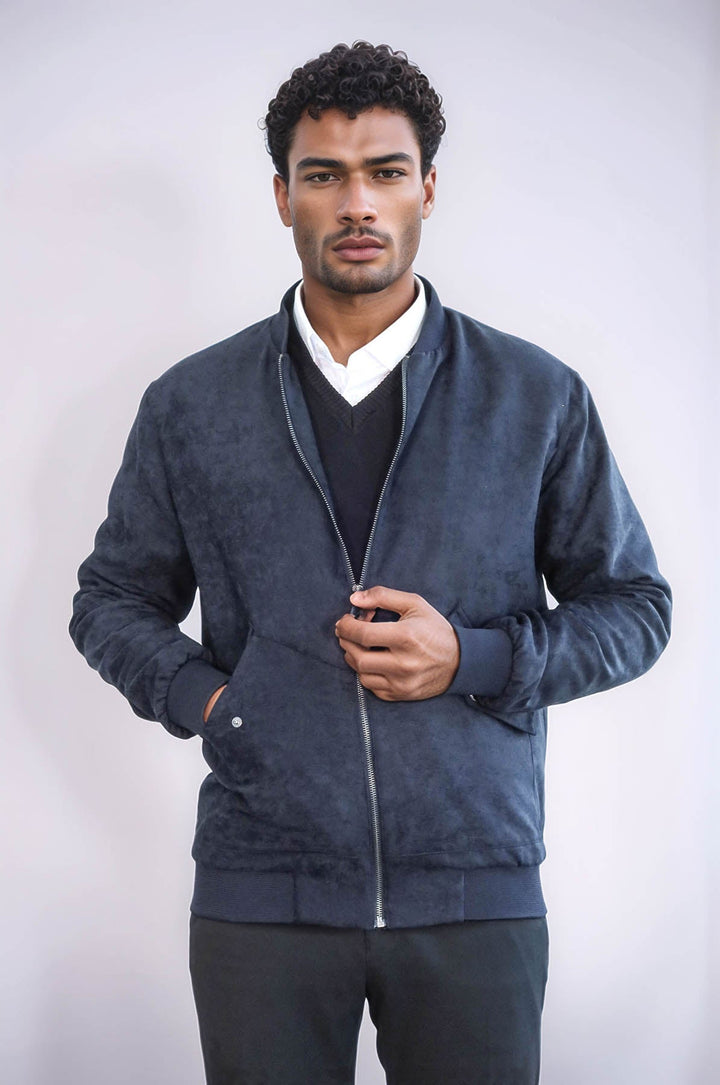 WSS Flap Pockets Suede Dark Blue Men Bomber Coat  - The Acreage